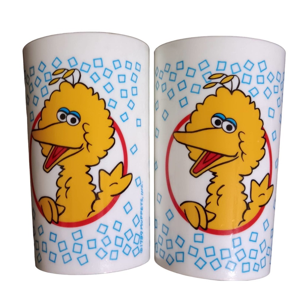 Big Bird Cups (2) Peter Pan Muppets 1989 4 1/2" Tall Great Condition Vintage